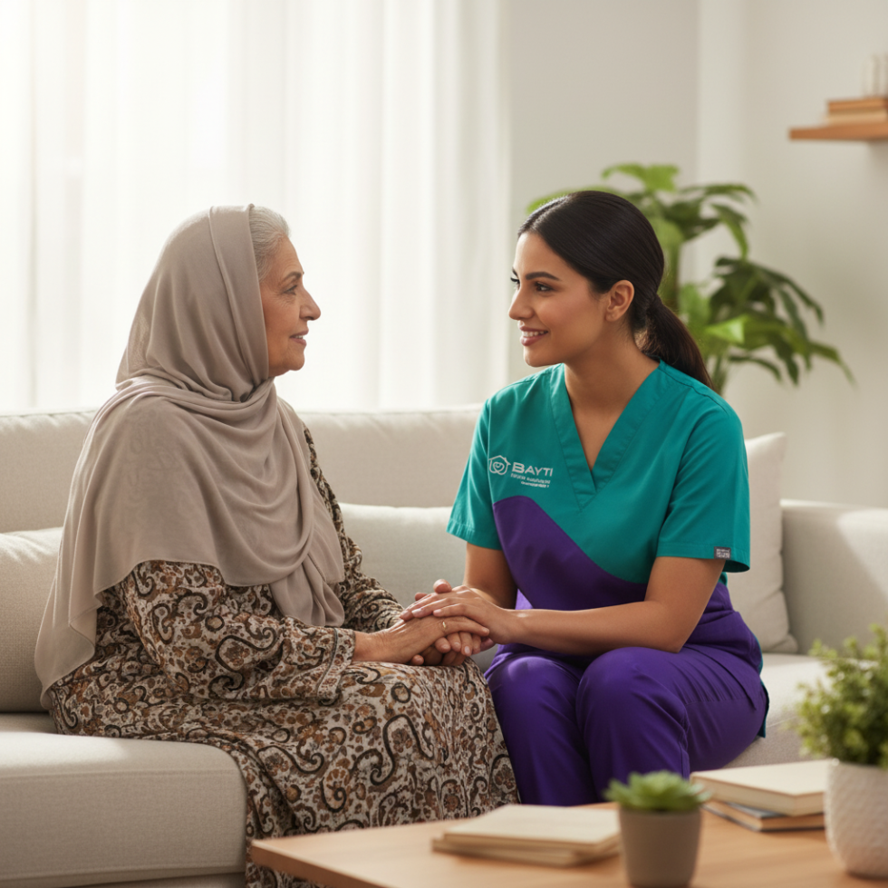 Caregiver supporting an elderly person at home
