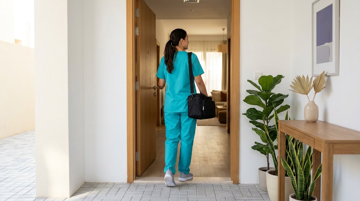 A Bayti professional arriving at a patient's home